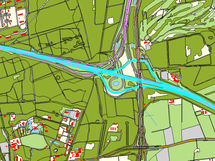 Kaartvisualisatie waarin alle objecten met het objectkenmerk wegnummer gelijk aan A12 in lichtblauw afgebeeld zijn, waardoor ze gezamenlijk de snelweg A12 weergeven.